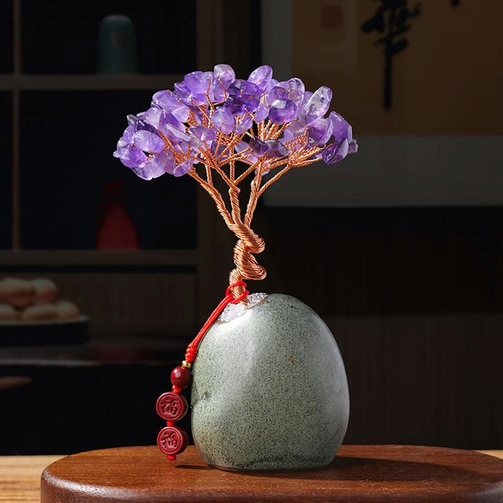 Buddha Stones, Citrino, Ametista, Avventurina verde, Cristallo, Albero, Base in Ceramica, Prosperità, Decorazione per la casa