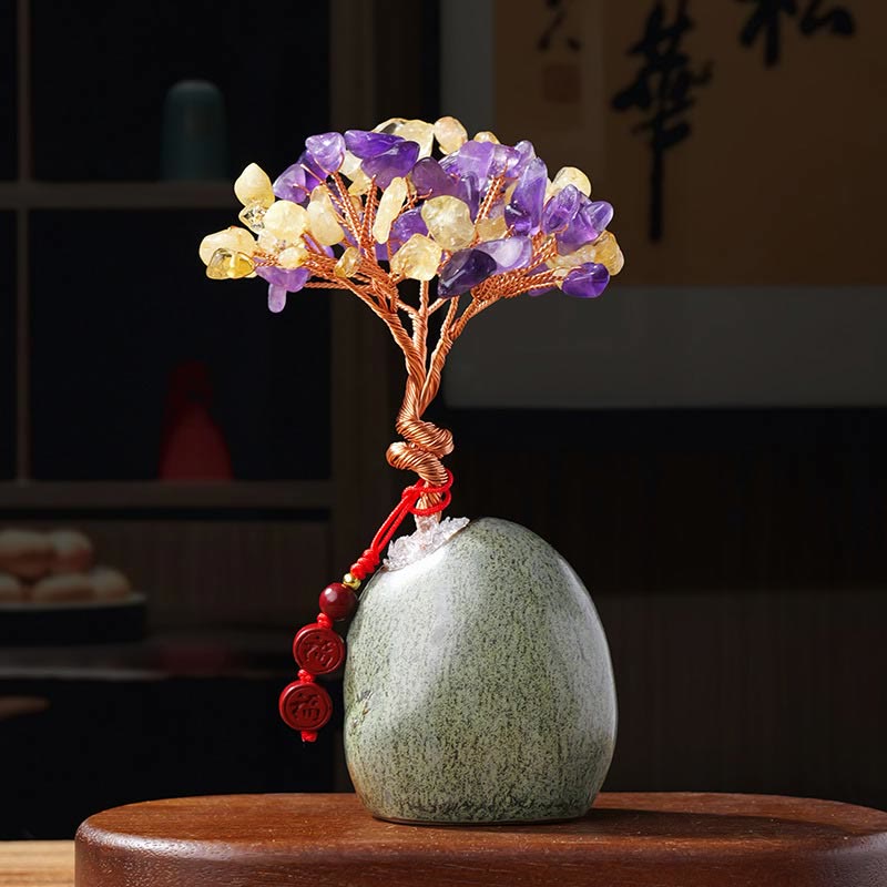 Buddha Stones, Citrino, Ametista, Avventurina verde, Cristallo, Albero, Base in Ceramica, Prosperità, Decorazione per la casa - Citrino+Ametista 4,5*12cm - image 5