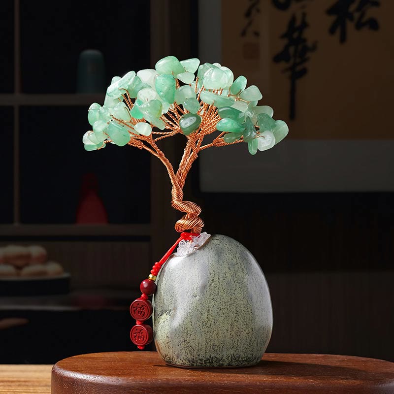 Buddha Stones, Citrino, Ametista, Avventurina verde, Cristallo, Albero, Base in Ceramica, Prosperità, Decorazione per la casa