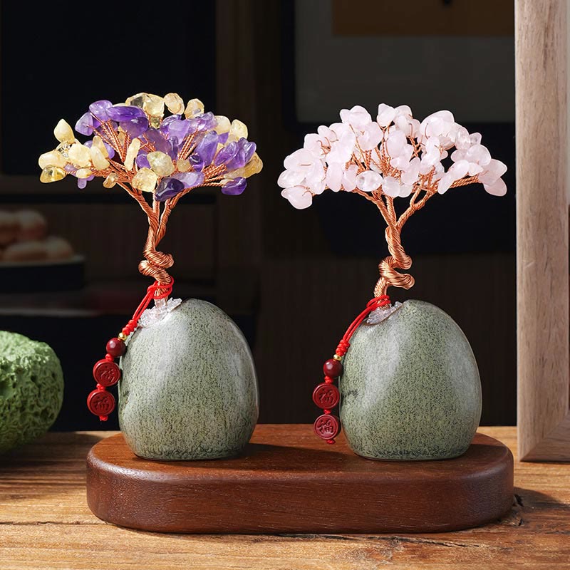 Buddha Stones, Citrino, Ametista, Avventurina verde, Cristallo, Albero, Base in Ceramica, Prosperità, Decorazione per la casa