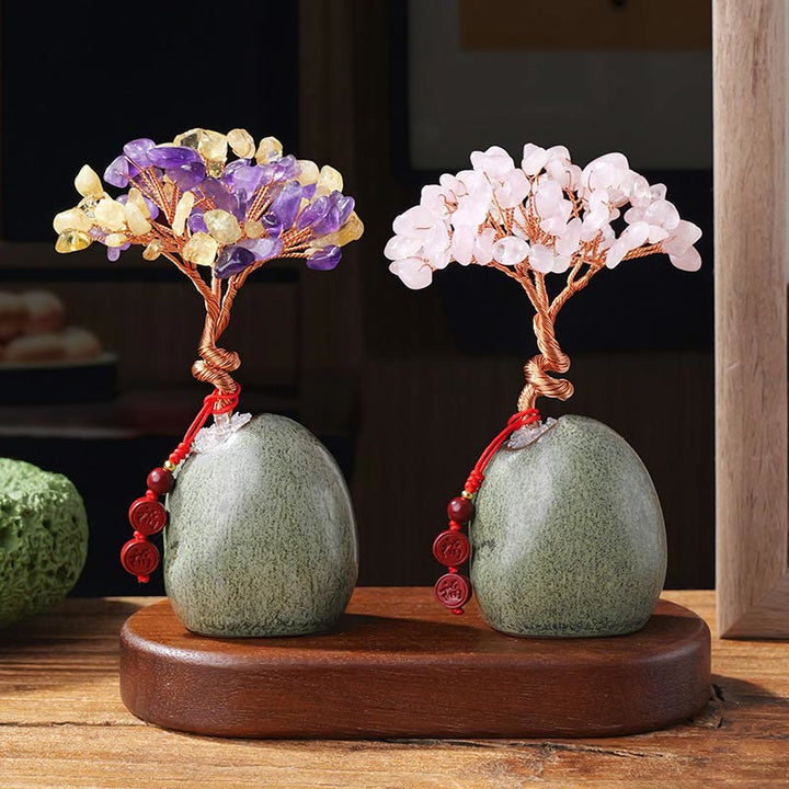 Buddha Stones, Citrino, Ametista, Avventurina verde, Cristallo, Albero, Base in Ceramica, Prosperità, Decorazione per la casa