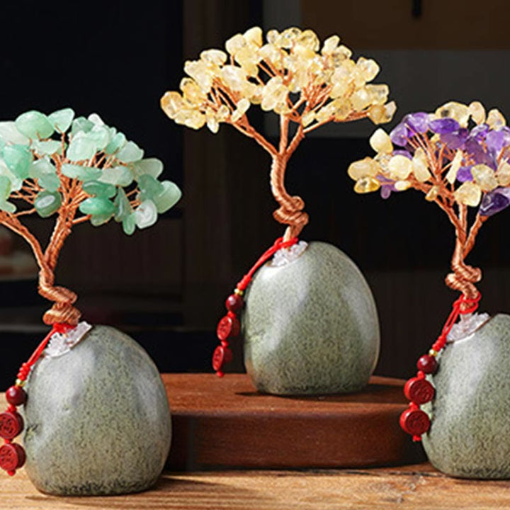 Buddha Stones, Citrino, Ametista, Avventurina verde, Cristallo, Albero, Base in Ceramica, Prosperità, Decorazione per la casa
