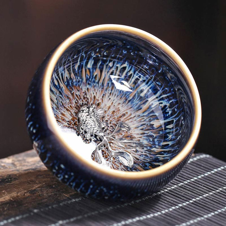 Tazza da tè in ceramica Buddha Stones 12 segni dello zodiaco cinese, realizzata a mano in Cina, motivo: Jianzhan, pesce koi, loto, drago, fenice, tazza da tè Kung Fu, 70 ml
