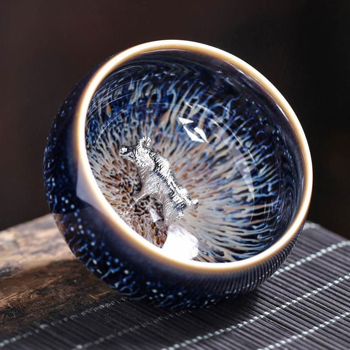 Tazza da tè in ceramica Buddha Stones 12 segni dello zodiaco cinese, realizzata a mano in Cina, motivo: Jianzhan, pesce koi, loto, drago, fenice, tazza da tè Kung Fu, 70 ml