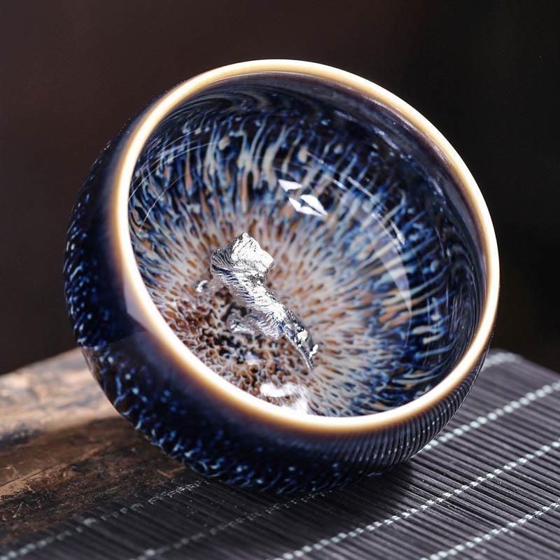 Tazza da tè in ceramica Buddha Stones 12 segni dello zodiaco cinese, realizzata a mano in Cina, motivo: Jianzhan, pesce koi, loto, drago, fenice, tazza da tè Kung Fu, 70 ml