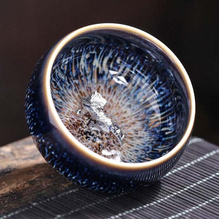 Tazza da tè in ceramica Buddha Stones 12 segni dello zodiaco cinese, realizzata a mano in Cina, motivo: Jianzhan, pesce koi, loto, drago, fenice, tazza da tè Kung Fu, 70 ml