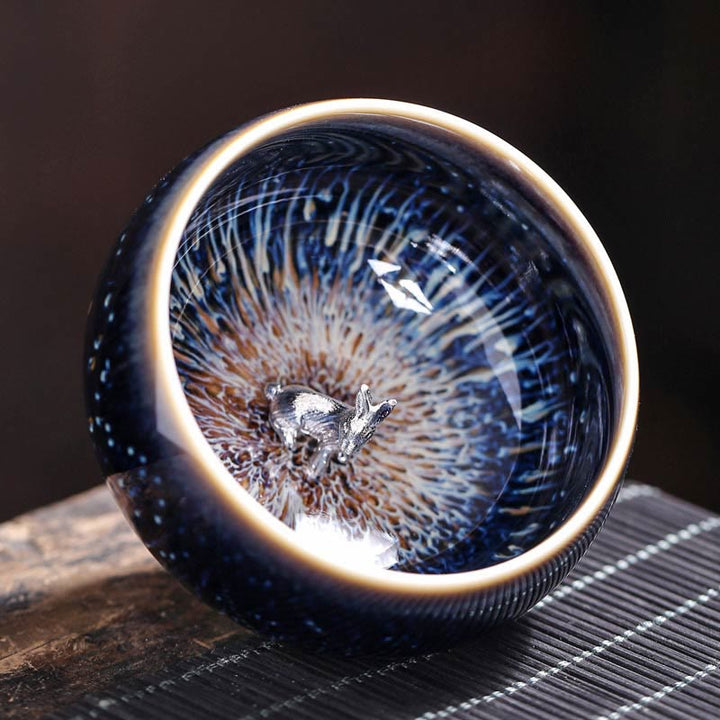 Tazza da tè in ceramica Buddha Stones 12 segni dello zodiaco cinese, realizzata a mano in Cina, motivo: Jianzhan, pesce koi, loto, drago, fenice, tazza da tè Kung Fu, 70 ml