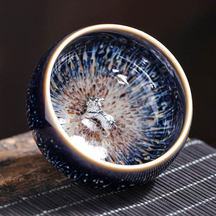 Tazza da tè in ceramica Buddha Stones 12 segni dello zodiaco cinese, realizzata a mano in Cina, motivo: Jianzhan, pesce koi, loto, drago, fenice, tazza da tè Kung Fu, 70 ml