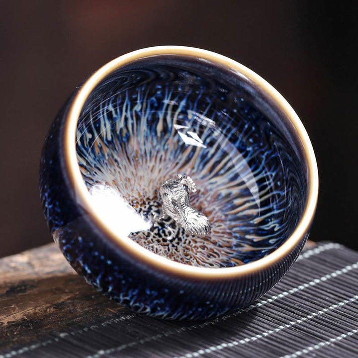 Tazza da tè in ceramica Buddha Stones 12 segni dello zodiaco cinese, realizzata a mano in Cina, motivo: Jianzhan, pesce koi, loto, drago, fenice, tazza da tè Kung Fu, 70 ml