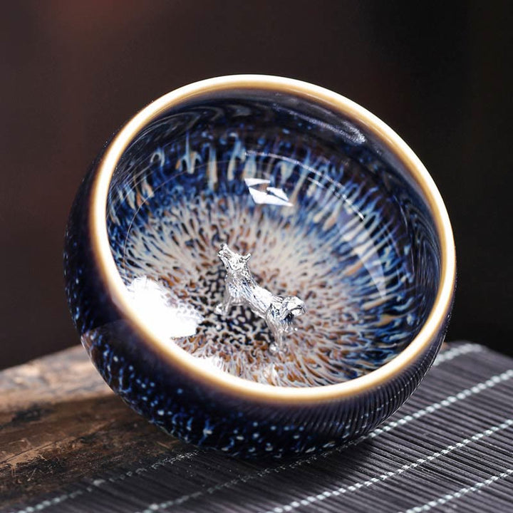 Tazza da tè in ceramica Buddha Stones 12 segni dello zodiaco cinese, realizzata a mano in Cina, motivo: Jianzhan, pesce koi, loto, drago, fenice, tazza da tè Kung Fu, 70 ml