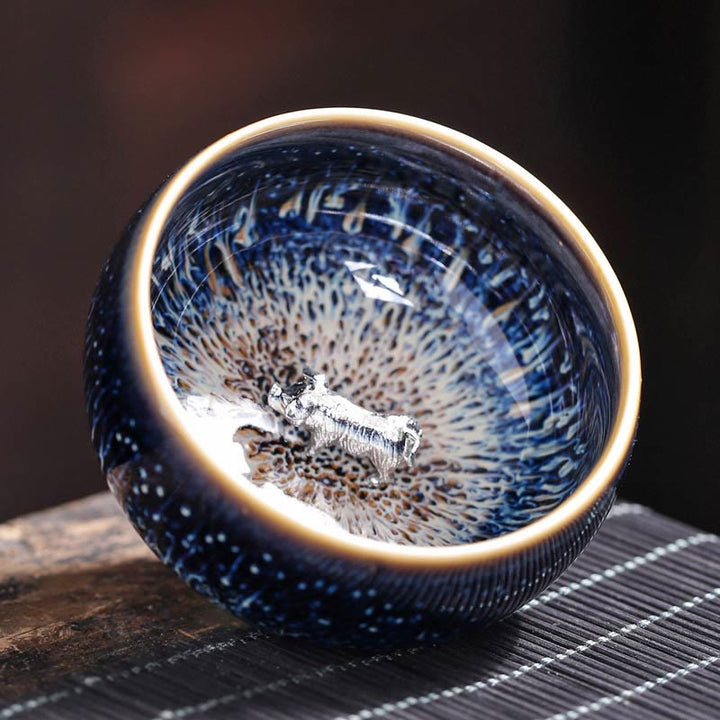 Tazza da tè in ceramica Buddha Stones 12 segni dello zodiaco cinese, realizzata a mano in Cina, motivo: Jianzhan, pesce koi, loto, drago, fenice, tazza da tè Kung Fu, 70 ml