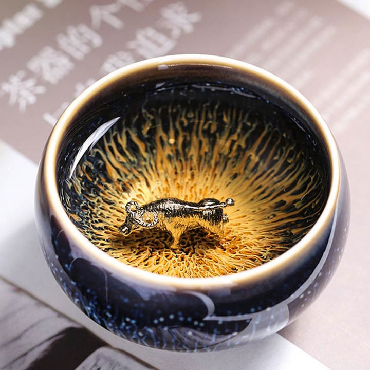 Tazza da tè in ceramica Buddha Stones 12 segni dello zodiaco cinese, realizzata a mano in Cina, motivo: Jianzhan, pesce koi, loto, drago, fenice, tazza da tè Kung Fu, 70 ml