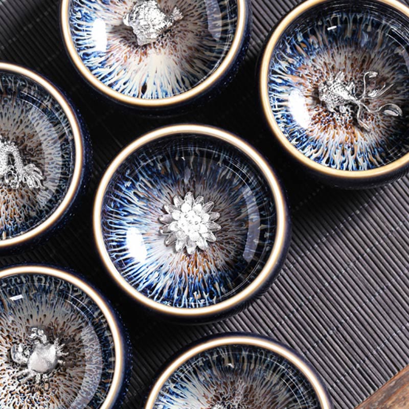 Tazza da tè in ceramica Buddha Stones 12 segni dello zodiaco cinese, realizzata a mano in Cina, motivo: Jianzhan, pesce koi, loto, drago, fenice, tazza da tè Kung Fu, 70 ml