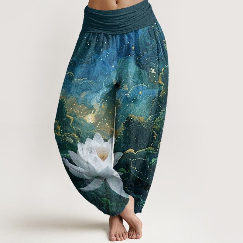 Pantaloni harem da donna con elastico in vita, modello casual, motivo Buddha Stones Lotus Starry Sky Clouds - Ciano scuro - US22, UK/AU26, EU54 (6XL) - image 1