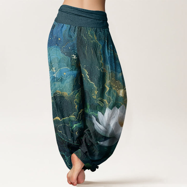 Pantaloni harem da donna con elastico in vita, modello casual, motivo Buddha Stones Lotus Starry Sky Clouds - image 2
