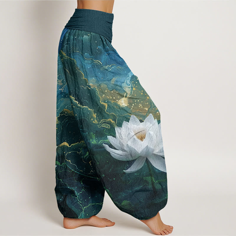 Pantaloni harem da donna con elastico in vita, modello casual, motivo Buddha Stones Lotus Starry Sky Clouds - image 2
