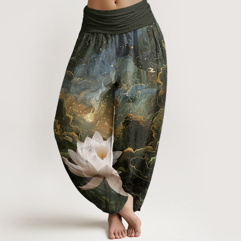 Pantaloni harem da donna con elastico in vita, modello casual, motivo Buddha Stones Lotus Starry Sky Clouds - Marrone sella - US22, UK/AU26, EU54 (6XL) - image 4