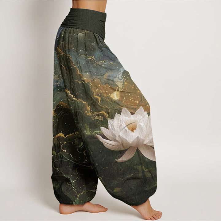Pantaloni harem da donna con elastico in vita, modello casual, motivo Buddha Stones Lotus Starry Sky Clouds - image 6