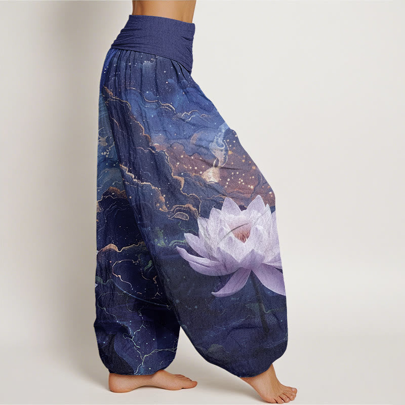 Pantaloni harem da donna con elastico in vita, modello casual, motivo Buddha Stones Lotus Starry Sky Clouds - image 9