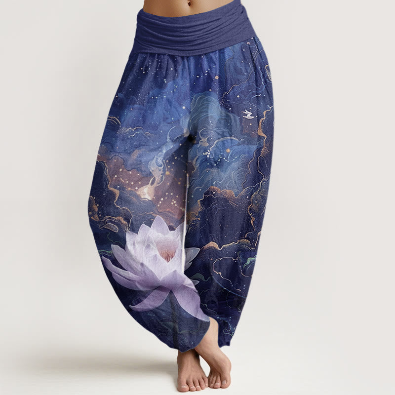 Pantaloni harem da donna con elastico in vita, modello casual, motivo Buddha Stones Lotus Starry Sky Clouds - Marina - US22, UK/AU26, EU54 (6XL) - image 8