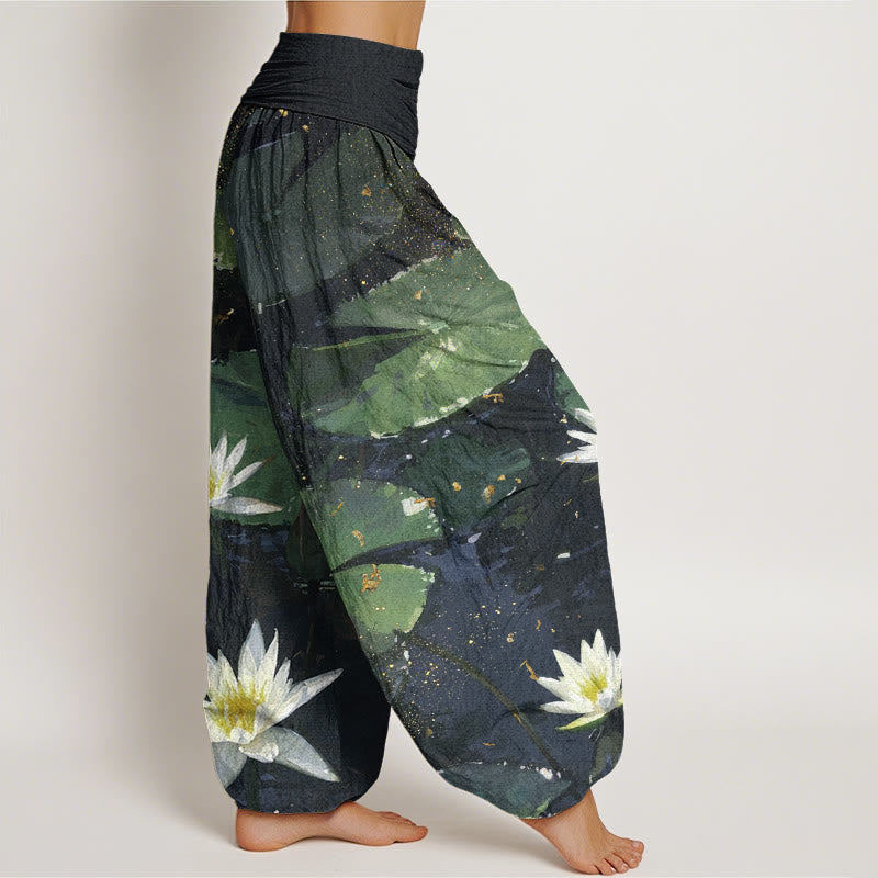 Pantaloni harem da donna con elastico in vita, modello Buddha Stones, foglie di loto casual sul lago - image 2