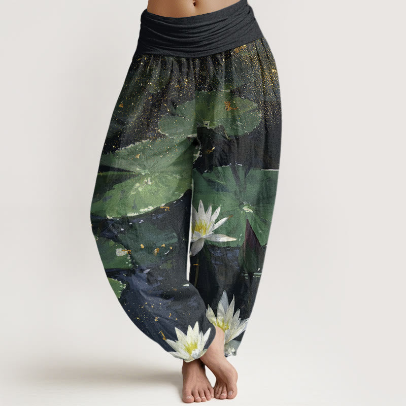 Pantaloni harem da donna con elastico in vita, modello Buddha Stones, foglie di loto casual sul lago - Verde - US22, UK/AU26, EU54 (6XL) - image 1