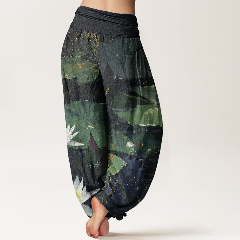 Pantaloni harem da donna con elastico in vita, modello Buddha Stones, foglie di loto casual sul lago - image 3