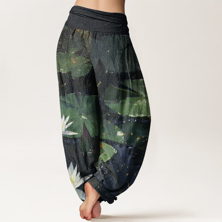 Pantaloni harem da donna con elastico in vita, modello Buddha Stones, foglie di loto casual sul lago - image 3