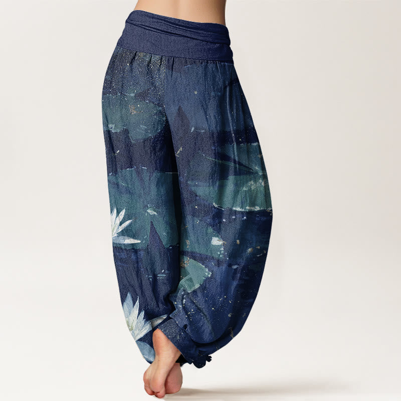 Pantaloni harem da donna con elastico in vita, modello Buddha Stones, foglie di loto casual sul lago - image 7