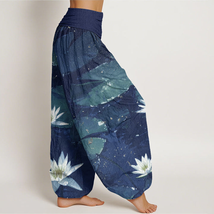 Pantaloni harem da donna con elastico in vita, modello Buddha Stones, foglie di loto casual sul lago - image 6