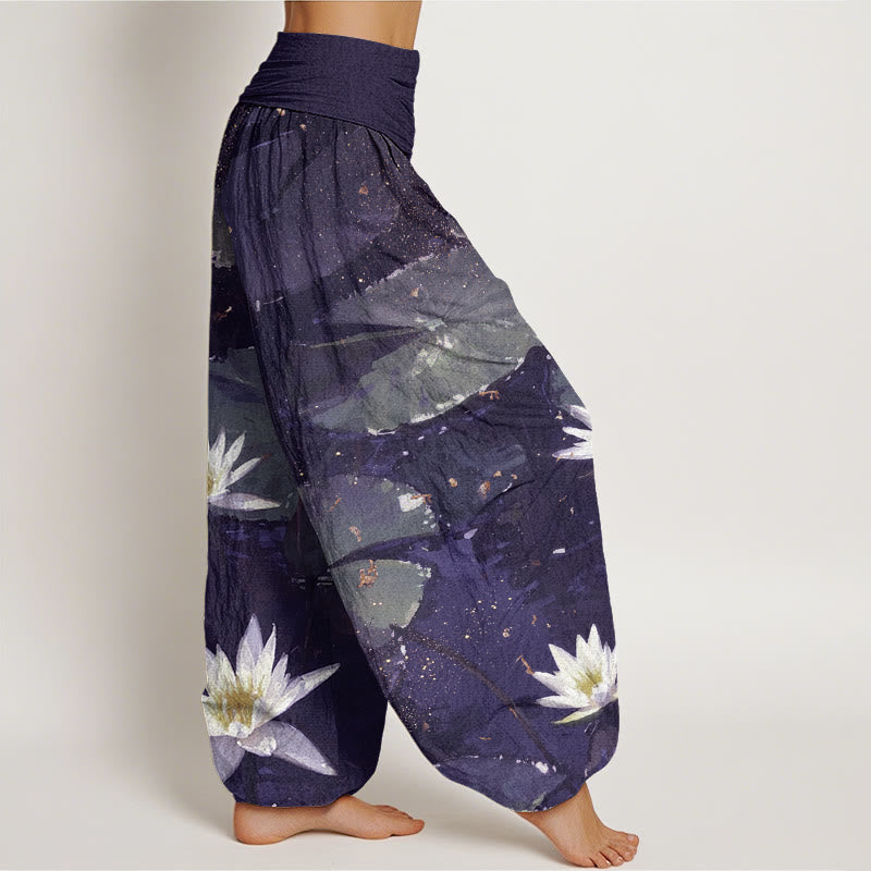 Pantaloni harem da donna con elastico in vita, modello Buddha Stones, foglie di loto casual sul lago - image 9