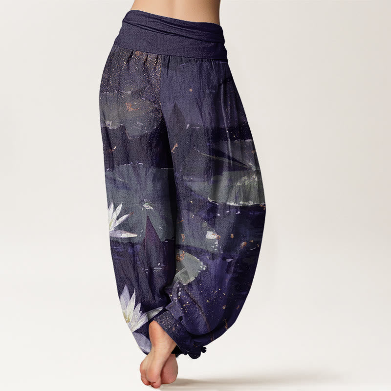 Pantaloni harem da donna con elastico in vita, modello Buddha Stones, foglie di loto casual sul lago - image 10