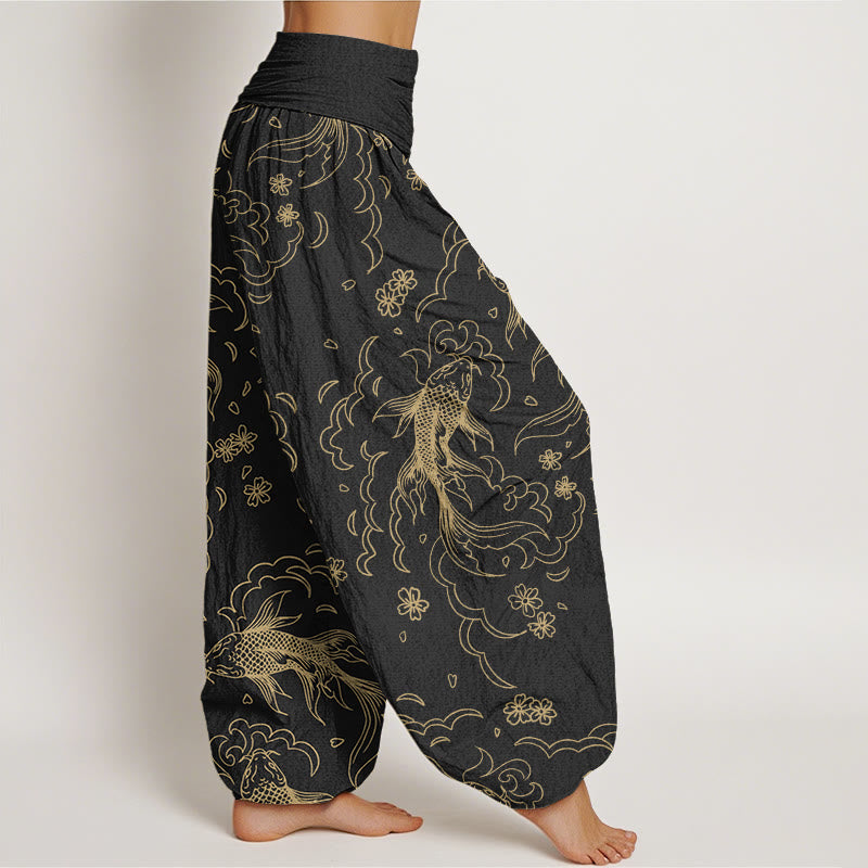Pantaloni harem da donna con elastico in vita, motivo Buddha Stones, Koi Fish, onde e petali - image 2