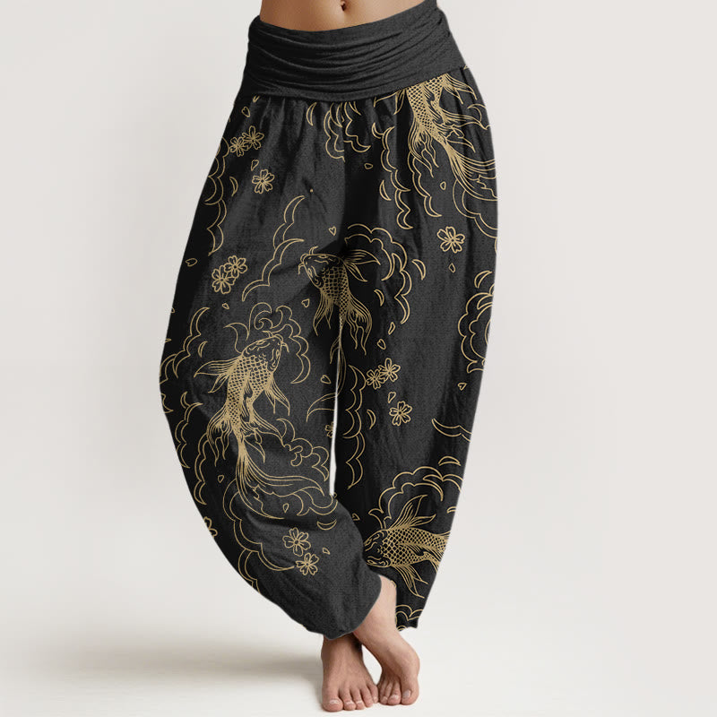 Pantaloni harem da donna con elastico in vita, motivo Buddha Stones, Koi Fish, onde e petali - Nero - US22, UK/AU26, EU54 (6XL) - image 1