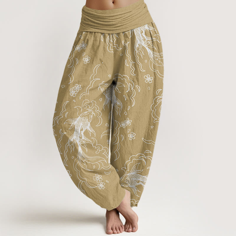 Pantaloni harem da donna con elastico in vita, motivo Buddha Stones, Koi Fish, onde e petali - PaleGoldenrod - US22, UK/AU26, EU54 (6XL) - image 5