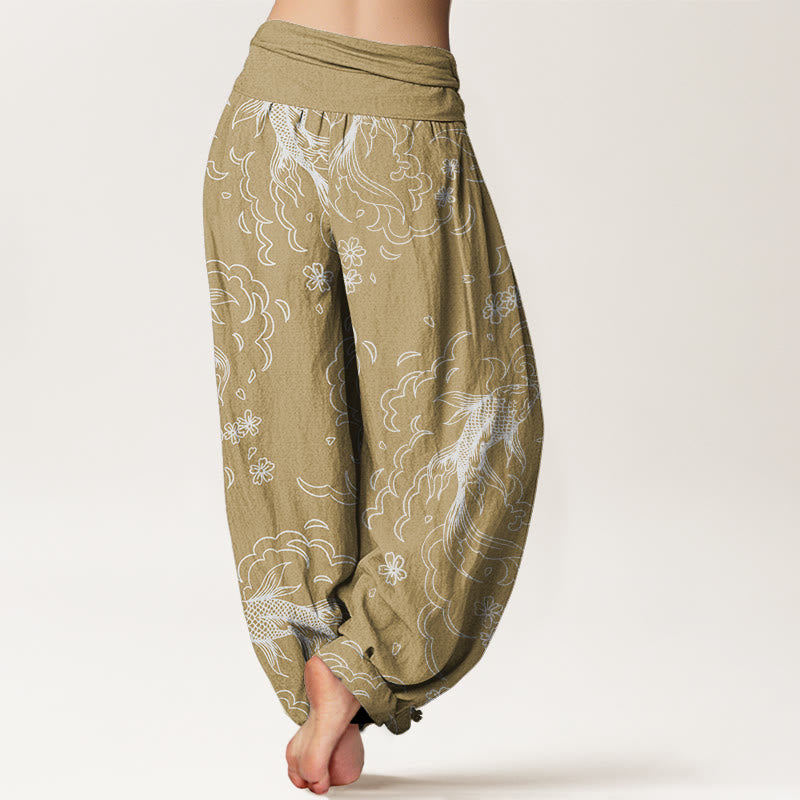 Pantaloni harem da donna con elastico in vita, motivo Buddha Stones, Koi Fish, onde e petali - image 7
