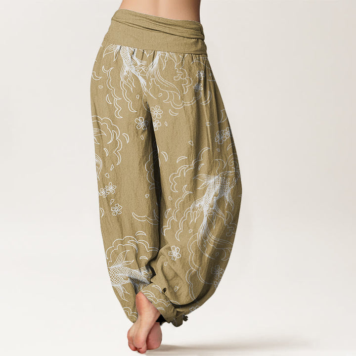 Pantaloni harem da donna con elastico in vita, motivo Buddha Stones, Koi Fish, onde e petali - image 7