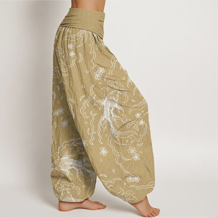 Pantaloni harem da donna con elastico in vita, motivo Buddha Stones, Koi Fish, onde e petali - image 6
