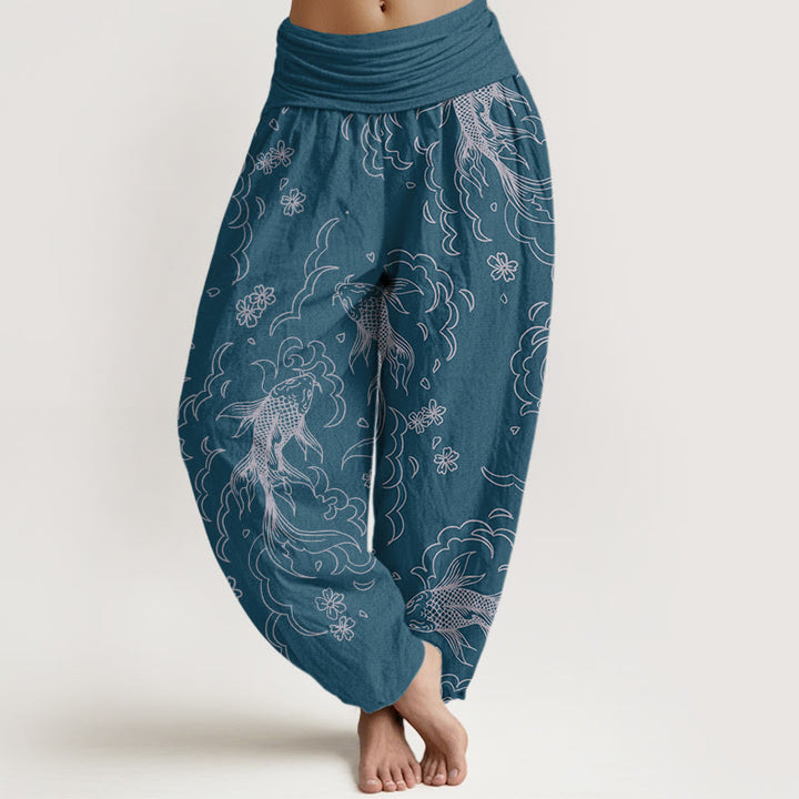 Pantaloni harem da donna con elastico in vita, motivo Buddha Stones, Koi Fish, onde e petali - SteelBlue - US22, UK/AU26, EU54 (6XL) - image 8