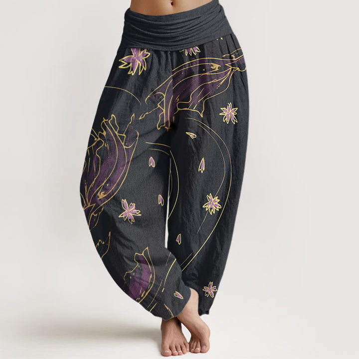 Pantaloni harem da donna con elastico in vita, modello casual con motivo a petali di fiori di ciliegio e pesci koi Buddha Stones - Indaco - US22, UK/AU26, EU54 (6XL) - image 1