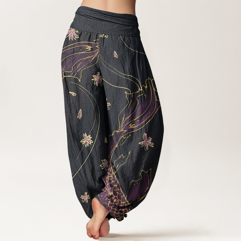 Pantaloni harem da donna con elastico in vita, modello casual con motivo a petali di fiori di ciliegio e pesci koi Buddha Stones - image 3