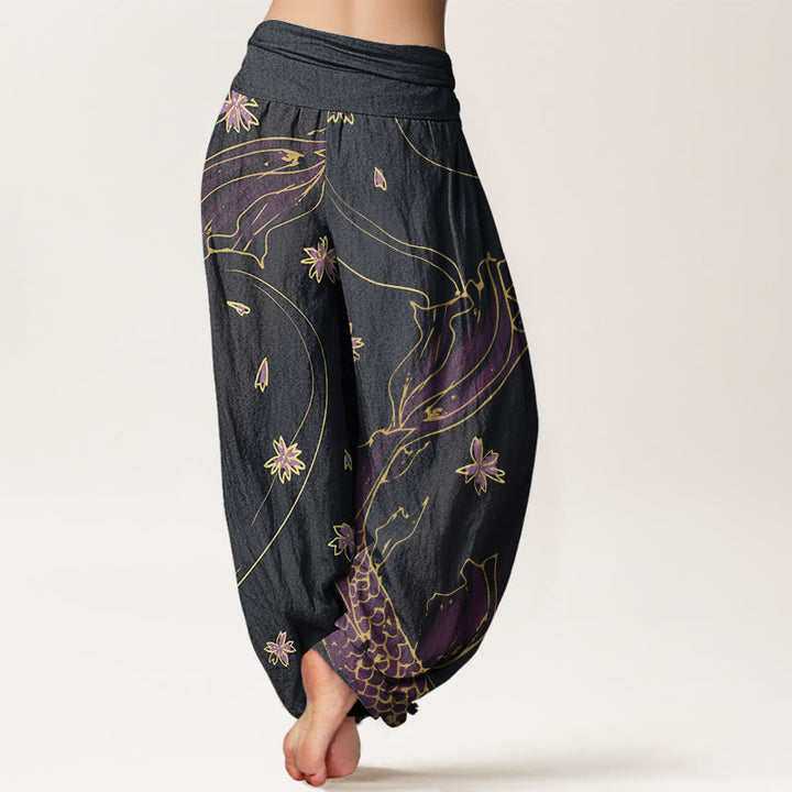 Pantaloni harem da donna con elastico in vita, modello casual con motivo a petali di fiori di ciliegio e pesci koi Buddha Stones - image 3