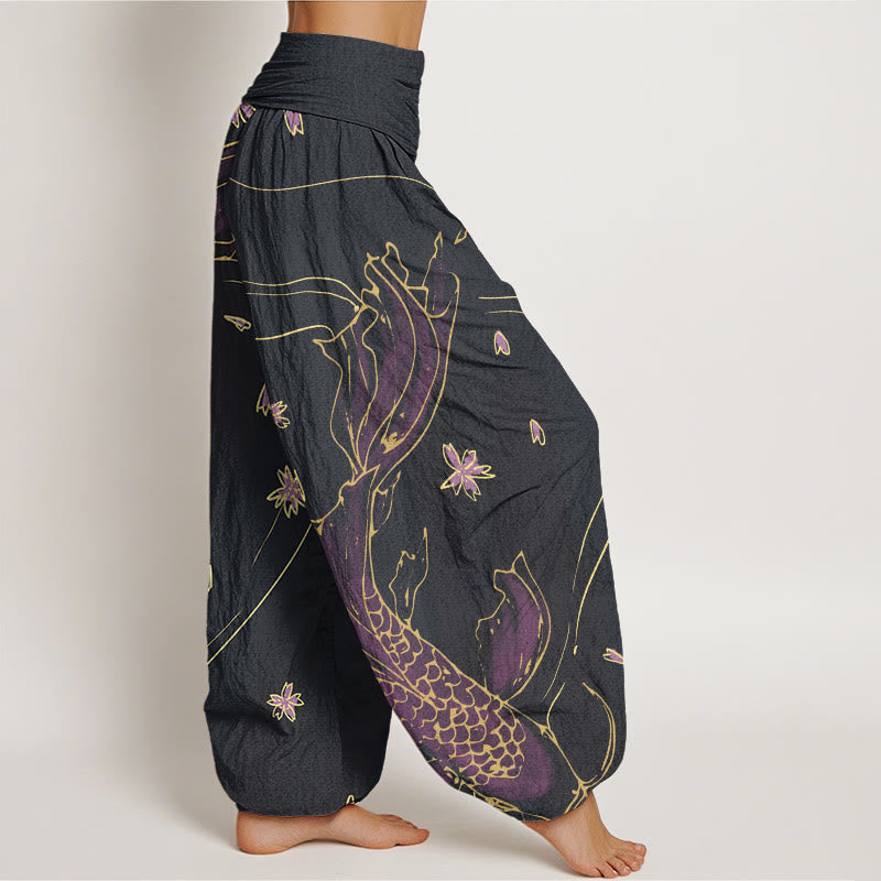 Pantaloni harem da donna con elastico in vita, modello casual con motivo a petali di fiori di ciliegio e pesci koi Buddha Stones - image 2