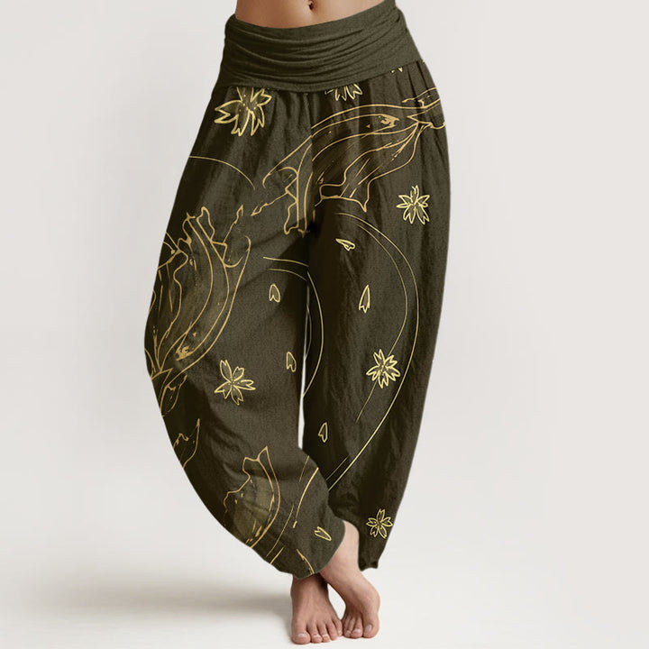 Pantaloni harem da donna con elastico in vita, modello casual con motivo a petali di fiori di ciliegio e pesci koi Buddha Stones - Oliva - US22, UK/AU26, EU54 (6XL) - image 5