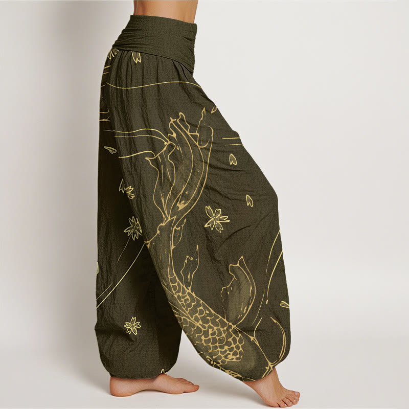 Pantaloni harem da donna con elastico in vita, modello casual con motivo a petali di fiori di ciliegio e pesci koi Buddha Stones - image 6
