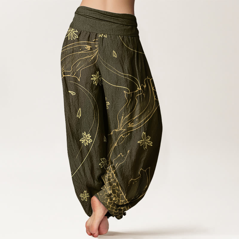 Pantaloni harem da donna con elastico in vita, modello casual con motivo a petali di fiori di ciliegio e pesci koi Buddha Stones - image 7