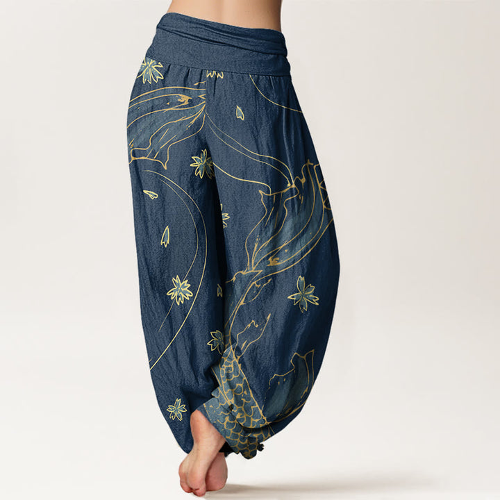 Pantaloni harem da donna con elastico in vita, modello casual con motivo a petali di fiori di ciliegio e pesci koi Buddha Stones - image 10