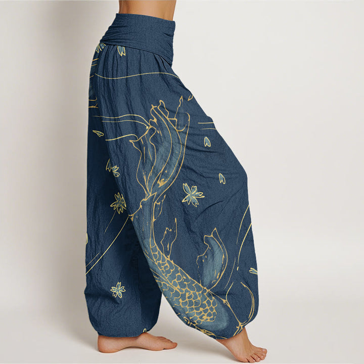 Pantaloni harem da donna con elastico in vita, modello casual con motivo a petali di fiori di ciliegio e pesci koi Buddha Stones - image 9