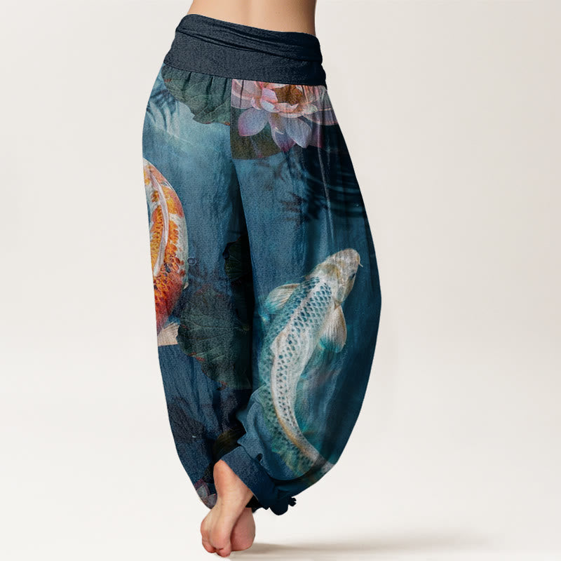 Pantaloni harem da donna con elastico in vita, modello casual con motivo a onde d'acqua e pesce koi Buddha Stones - image 3