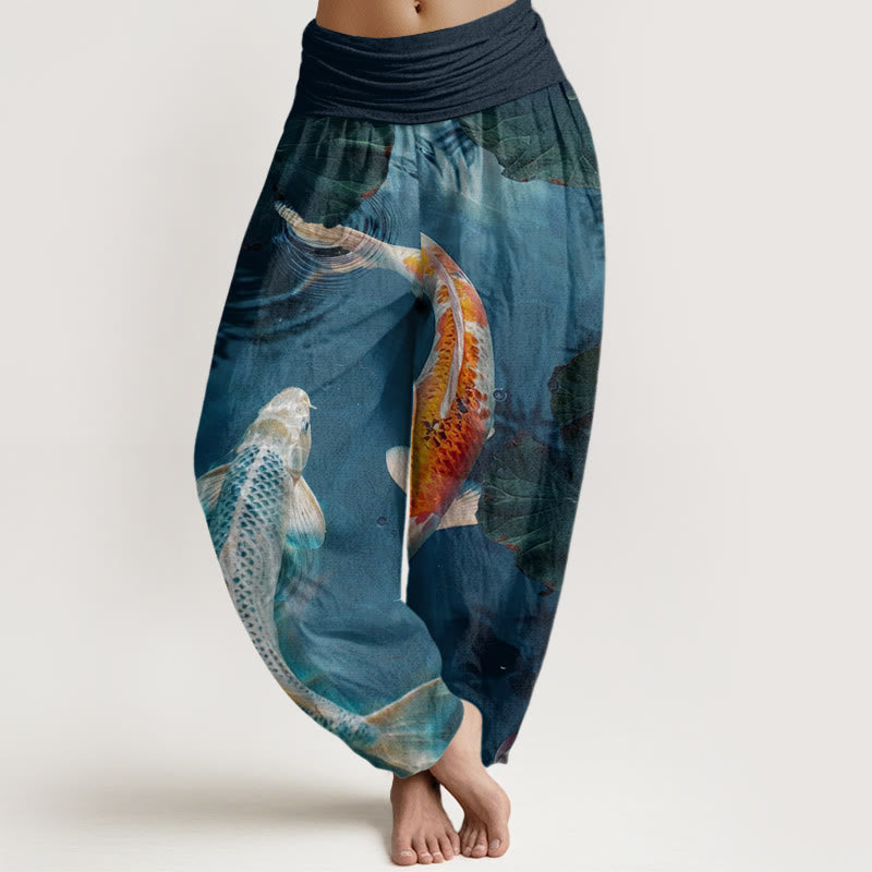 Pantaloni harem da donna con elastico in vita, modello casual con motivo a onde d'acqua e pesce koi Buddha Stones - SteelBlue - US22, UK/AU26, EU54 (6XL) - image 1